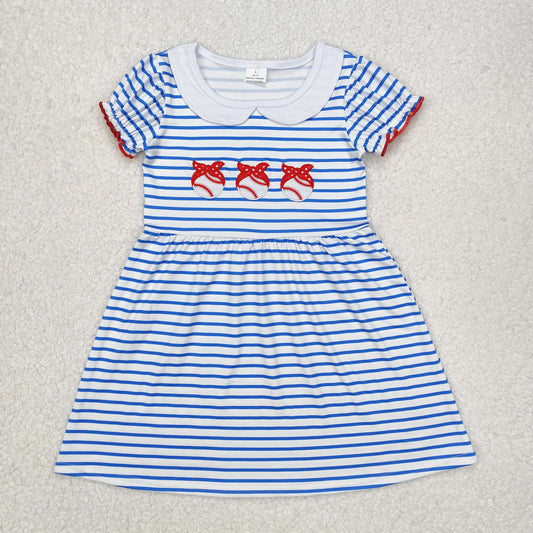 blue stripe embroidered baseball bow Girls Dress