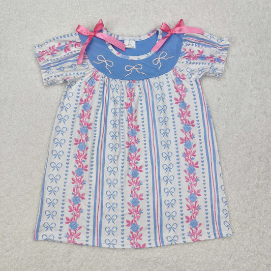 pink flowers Embroidery bow Boutique girls dress
