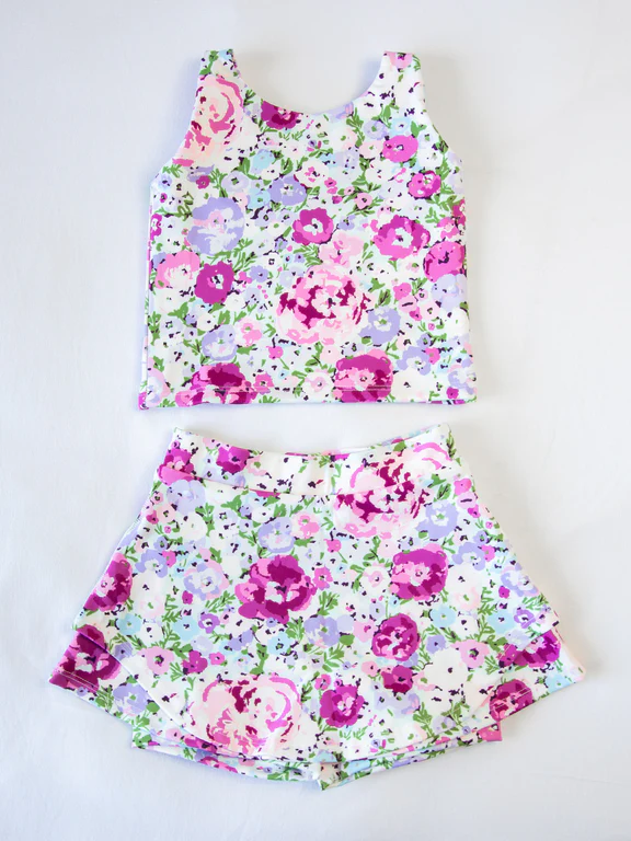 pre -order purple flowers Short Sleeve girls yoga set GSD1989