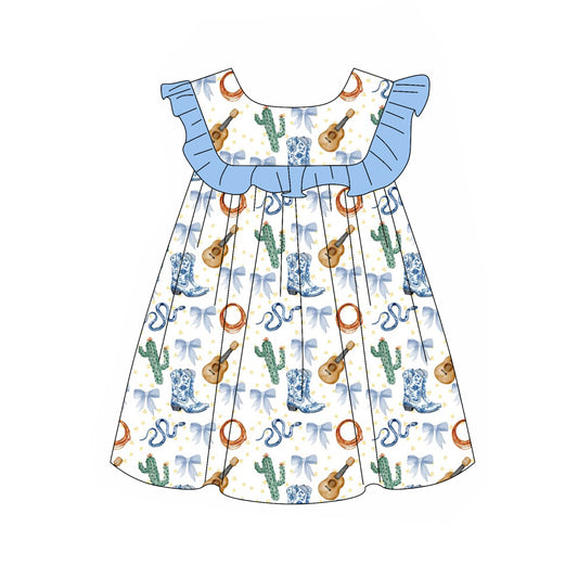 pre -order blue bow guitar cactus girls dress GSD2001