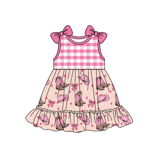 pre -order pink plaid boots print Sleeveless girl set GSD2110