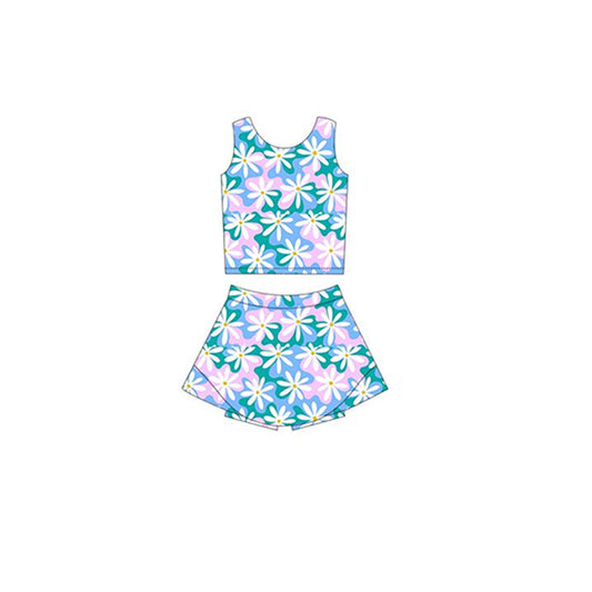 pre -order blue flowers print Sleeveless girl yoga set GSD2121