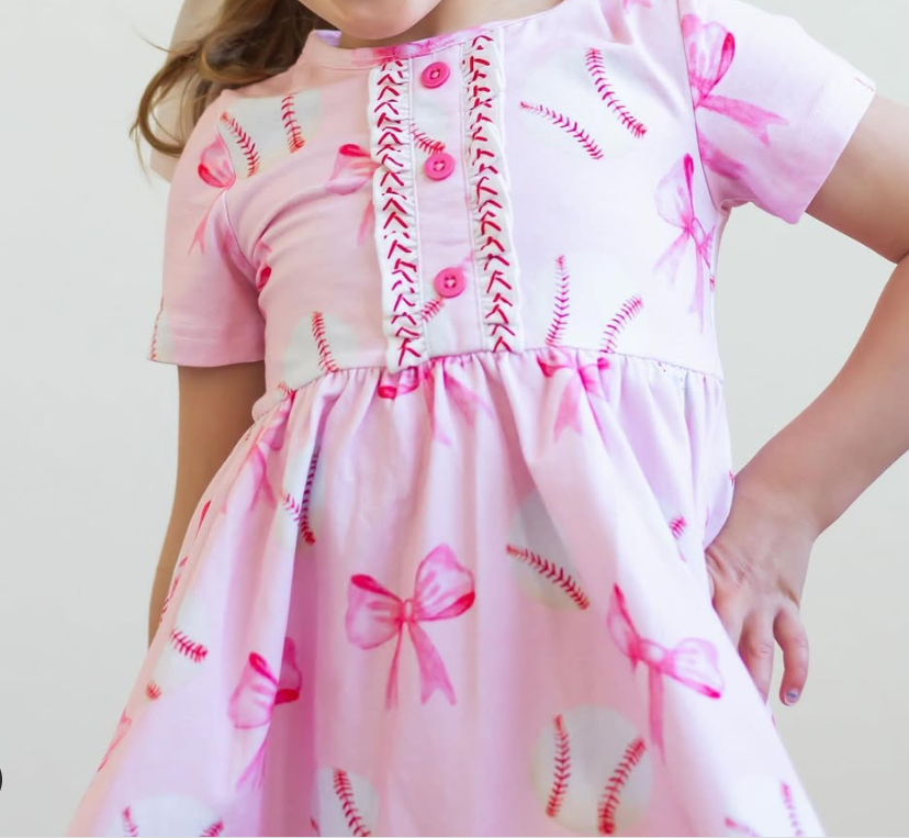 pre -order Pink bow print Girls short sleeve dressGSD2126