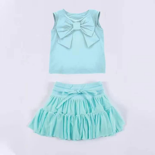 pre -order cyan bow print girl cotton dress GSD2194