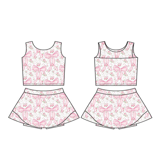 pre -order pink flowers bows print girl yoga dress GSD2197