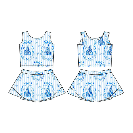 pre -order blue bows print girl yoga dress GSD2198