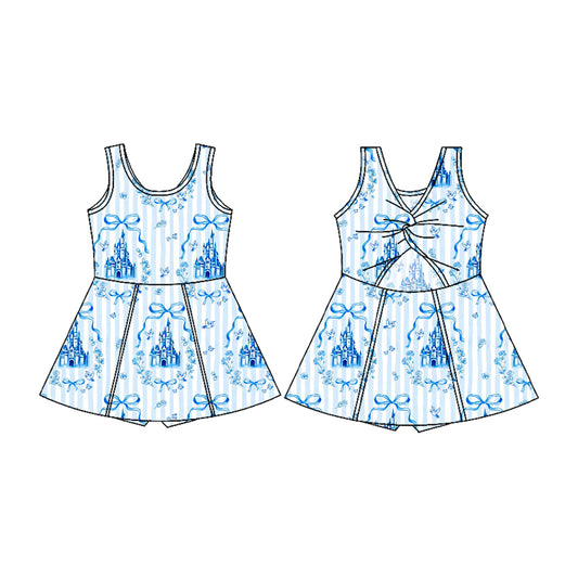 pre -order blue bows print girl yoga dress GSD2199