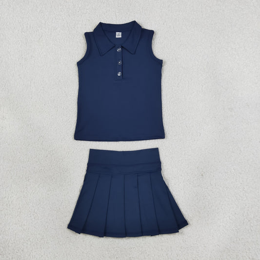 GSD2796 Solid Color Navy Active Pleated Tennis Polo Girls Skorts Set