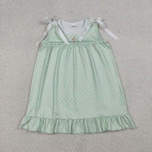Green dot cross bow sleeveless Girls Dress GSD2860