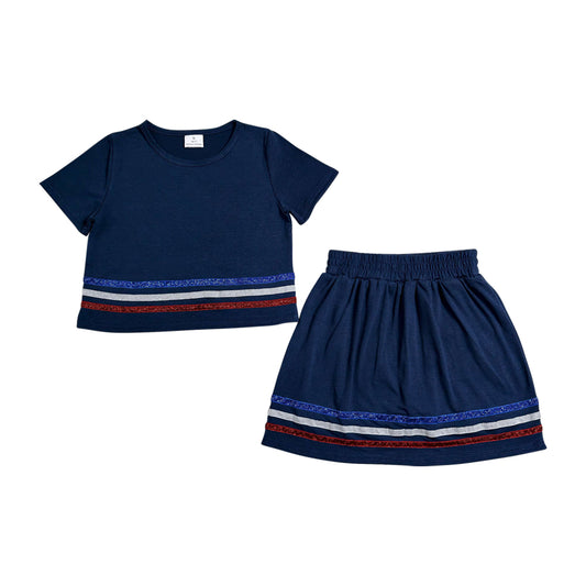 Navy Stripe Shiny Girls Skorts Outfits GSD3811