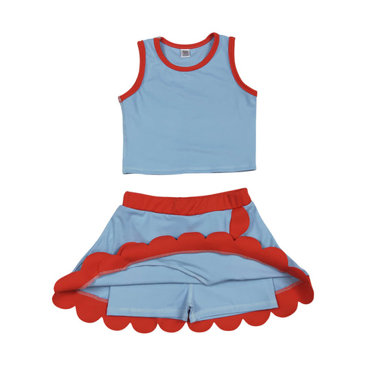 Athletic Blue Red Scalloped With Bow Skort Outfits GSD4020