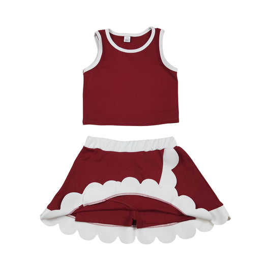 Athletic Dark Red Scalloped With Bow Skort Outfits GSD4027
