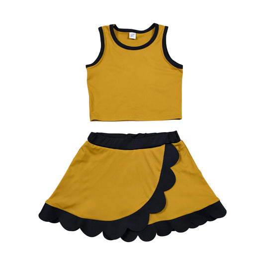 Athletic Gold and black Scalloped With Bow Skort Outfits GSD4099