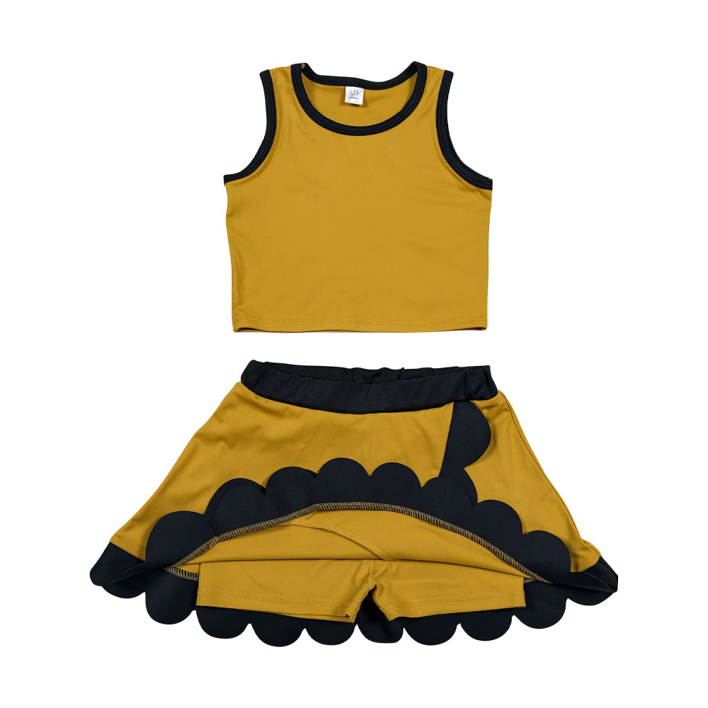 Athletic Gold and black Scalloped With Bow Skort Outfits GSD4099