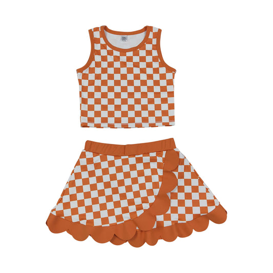 Athletic orange plaid Scalloped With Bow Skort Outfits GSD4252