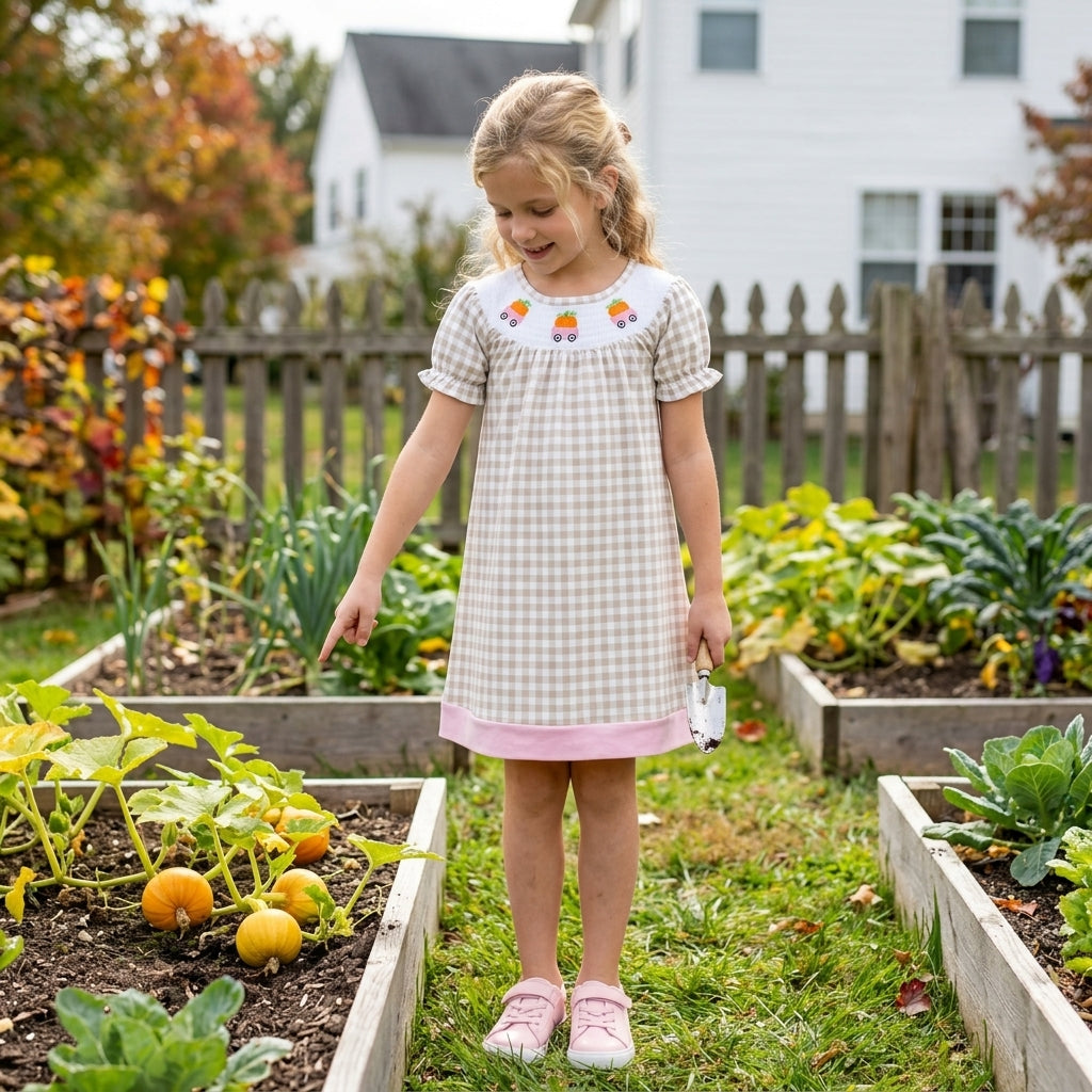 GSD4258 Smocked Fall Pumpkin Car Plaid Girl's Dress