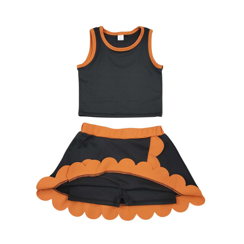Athletic Black and orange Scalloped With Bow Skort Outfits GSD4259