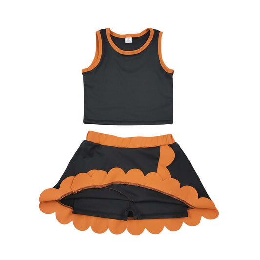 Athletic Black and orange Scalloped With Bow Skort Outfits GSD4259