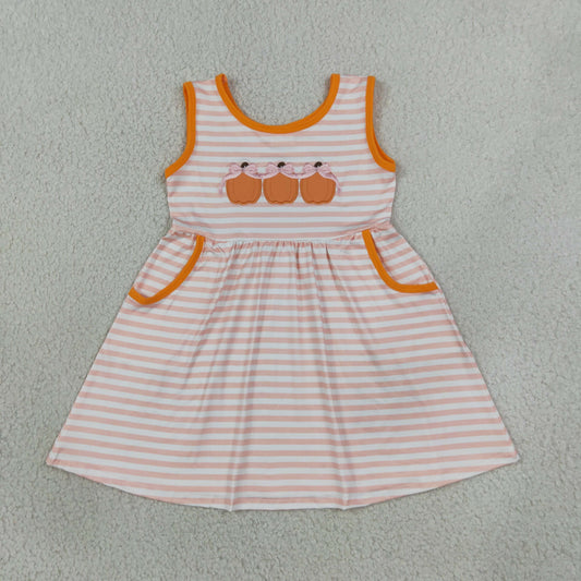 GSD4265 Embroidery Fall Pumpkin Bows Stripe Pink Girl's Dress