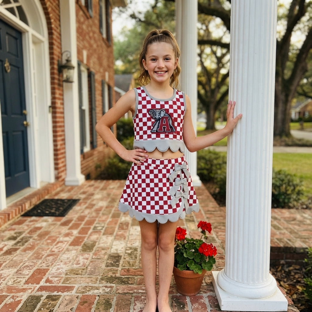 GSD4284 Mascot School Team Plaid Gray Bows Scallop Edge Yoga Girls Skorts Set