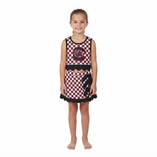 GSD4288 gameday Plaid Black Bows Scallop Edge Yoga Girls Skorts Set