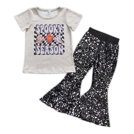 Halloween Ghost Print Baby Shirt Black Sequin Bell Pants