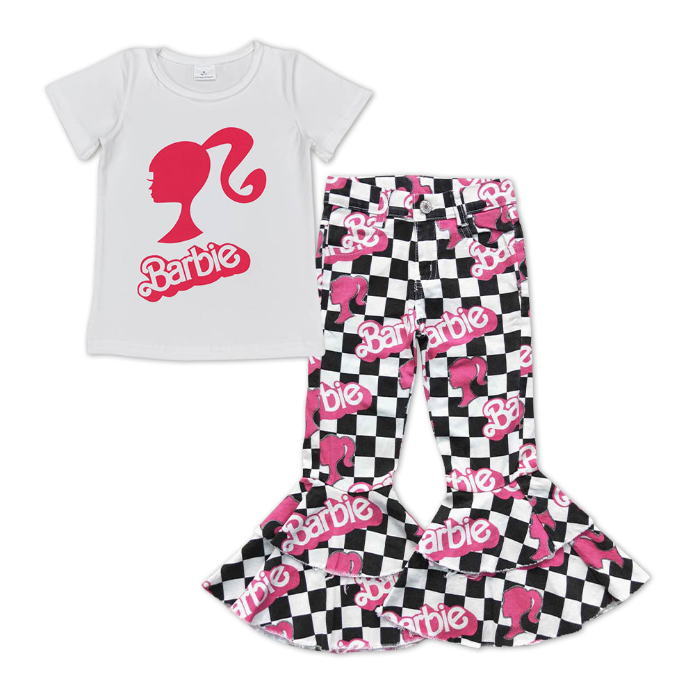 Pink Letter Print Baby Shirt Black Plaid Bell Pants Jeans
