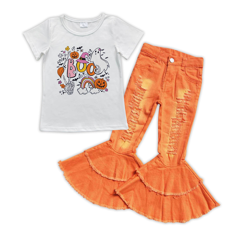 Halloween Boo Pumpkin Print Baby Shirt Orange Hole Bell Pants Jeans