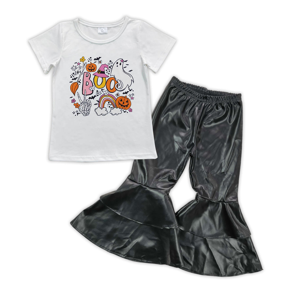 Halloween Boo Pumpkin Print Baby shirt + black Leather