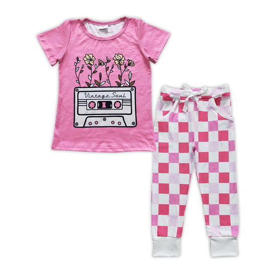 Pink Tape PrintPlaid leggings Pants Girls Set