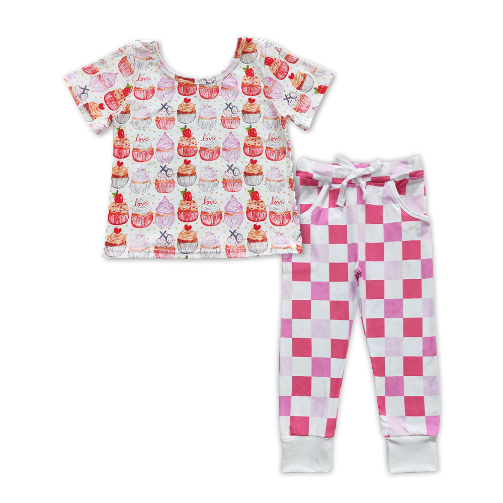 Pink cake Print Plaid leggings Pants Girls Set