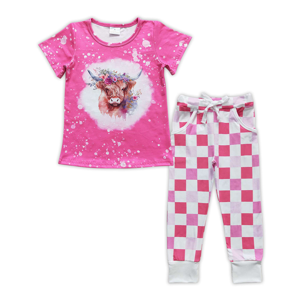 Pink Highlandcow Print Plaid leggings Pants Girls Set