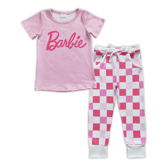 Pink Letter Print Plaid leggings Pants Girls Set