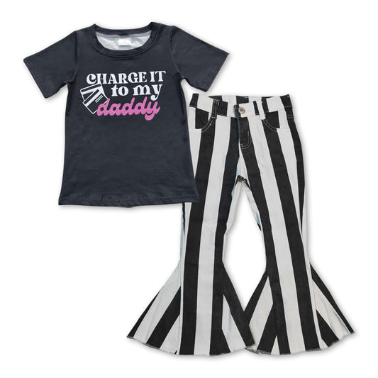 Black Letter Print Baby Shirt Black Stripe Bell Pants Jeans