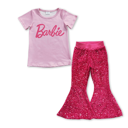 Pink Letter Baby Shirt Purple Sequin Bell Pants