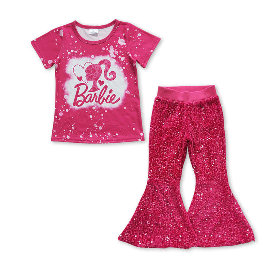 Pink Letter Cartoon Baby Shirt Purple Sequin Bell Pants
