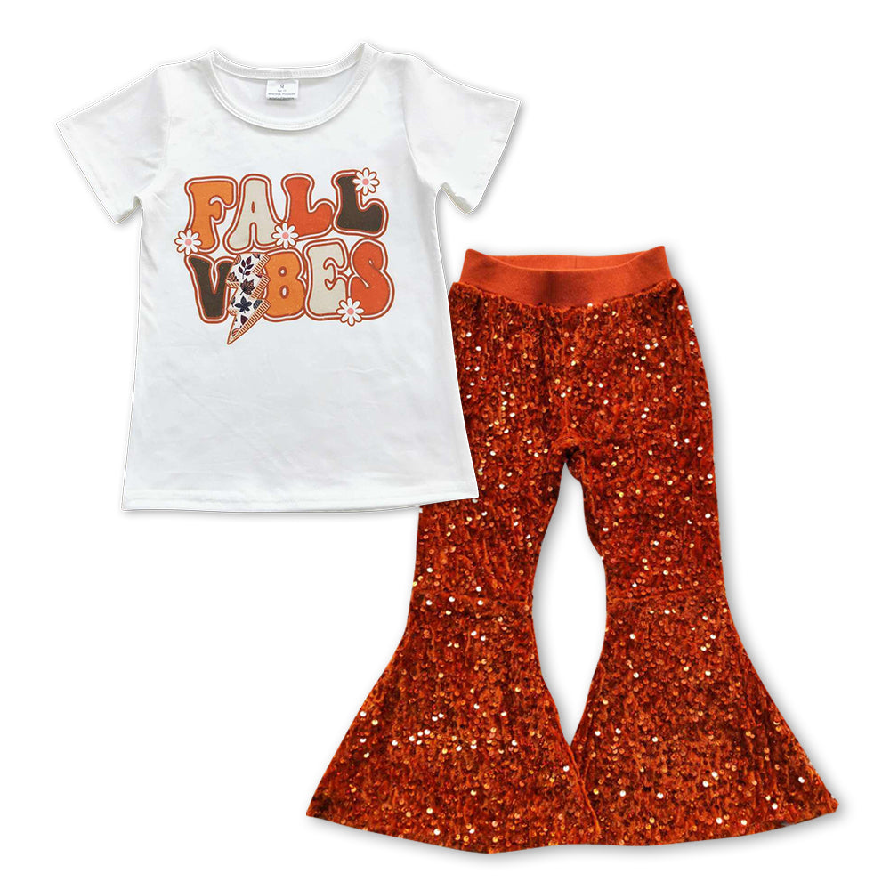 Fall VBES Letter Baby Shirt Orange Sequin Bell Pants