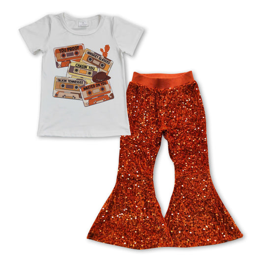 Tape PrintBaby Shirt Orange Sequin Bell Pants