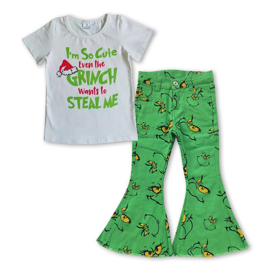 Christmas Green Cartoon Shirt + Bell Pants Jeans Set