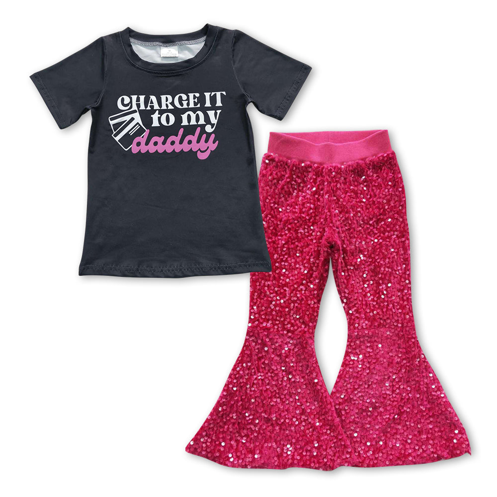 Black Letter Print Shirt Hot Pink Sequin Bell Pants