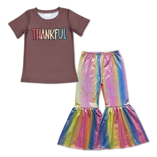 thanksgiving brown Print Shirt+ Colorful Bell Pants girl outfits