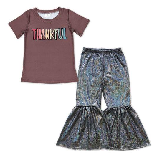 thanksgiving brown Print Shirt+ Black Bell Pants girl outfits