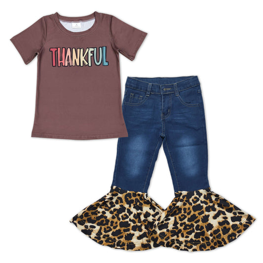 thanksgiving brown Print Baby Shirt Jeans Leopard Bell Pants Jeans