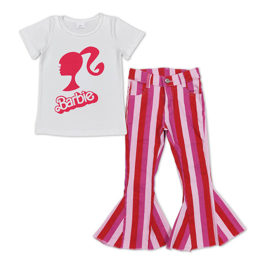 Pink Letter Print Baby Shirt Pink Stripe Bell Pants Jeans