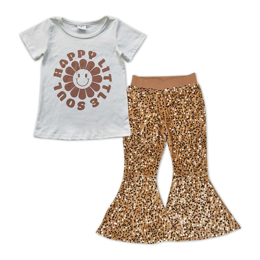 Smile Print Shirt Gold Sequin Bell Pants