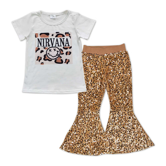 Smile leopard Print Shirt Gold Sequin Bell Pants