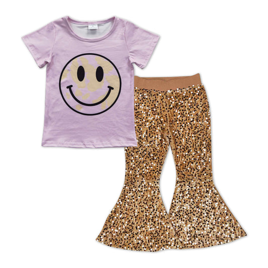 Pink Smile Print Shirt Gold Sequin Bell Pants