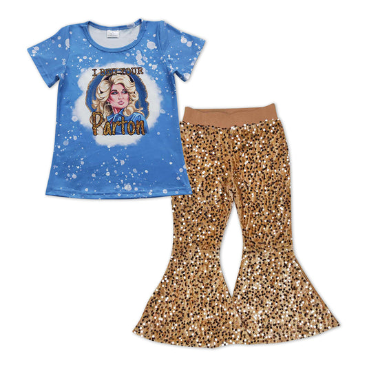 Blue Cartoon Print Shirt Gold Sequin Bell Pants
