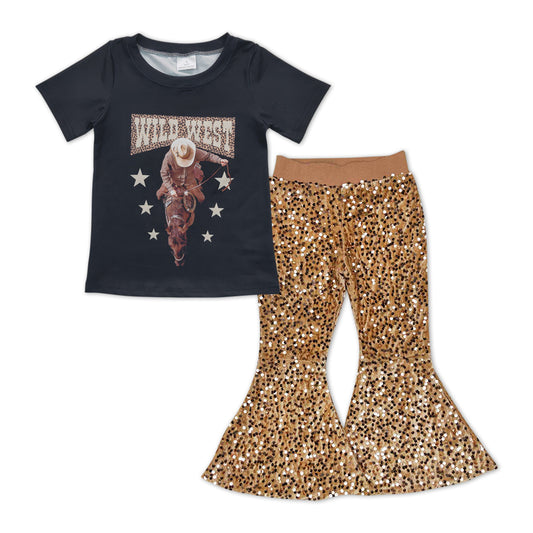western Cowboy Print Shirt Gold Sequin Bell Pants