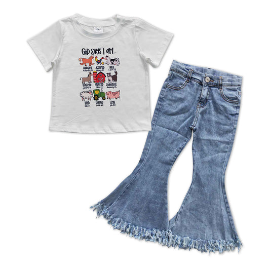 Animal Print Baby Shirt Blue Bottom tassel Bell Pants Jeans